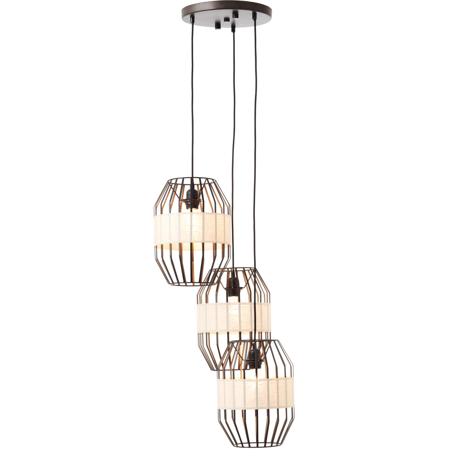Brilliant Pendelleuchte Slope, 3-flammig, schwarz/natur, mit Textilschirm und Metallgestell.