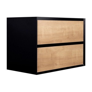 Waschbeckenunterschrank Lannick, 80 cm, schwarz mit hellen Holzfronten, hängend, 2 Schubladen im Industrial-Stil.