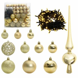 Goldenes Weihnachtskugel-Set, 120-teilig mit LED-Lichterkette und Baumspitze.