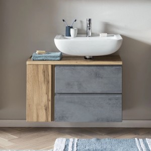 Held Möbel Unterbeckenschrank Ancona, 85cm, Betongrau-Wotaneiche mit Waschbecken. Badmöbel-Set mit zwei Schubladen.
