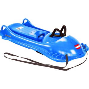 Blauer Schlitten Mountain Racer Iceblue mit Lenkrad und Zugseil.