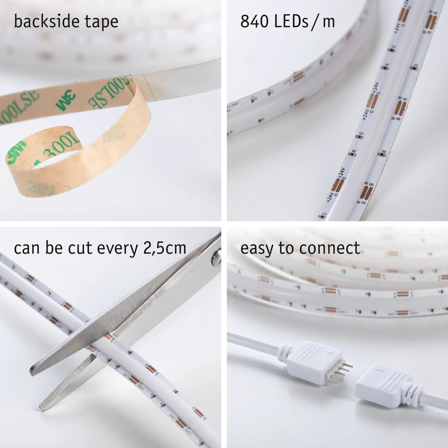 Paulmann SimpLED COB LED-Streifen, mehrfarbig, 1,5m, Details zu Montage, Anschluss und Zuschnitt.
