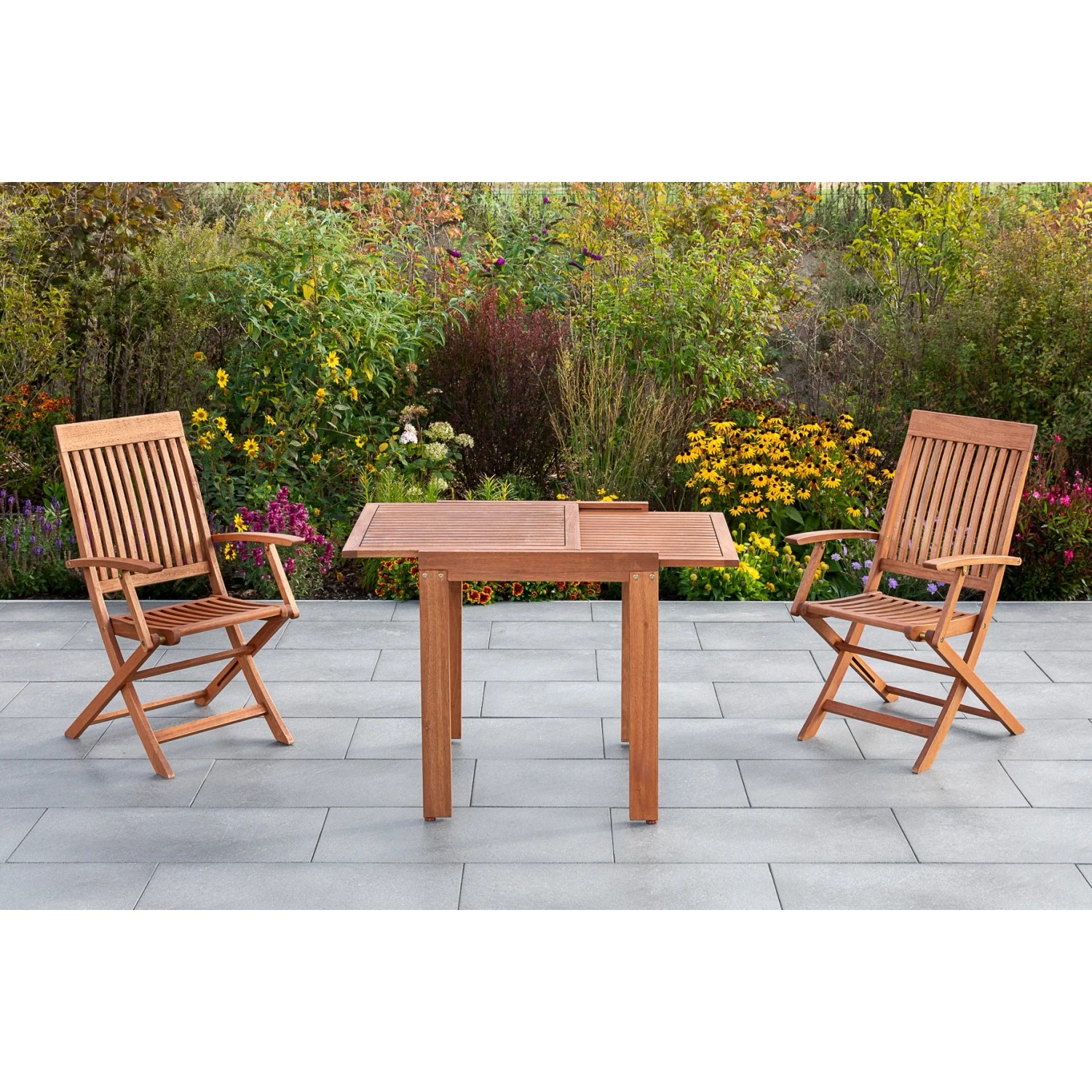 Merxx Comodoro 3-tlg. Gartenmöbel-Set mit Klappsesseln und Ausziehtisch aus Eukalyptusholz.