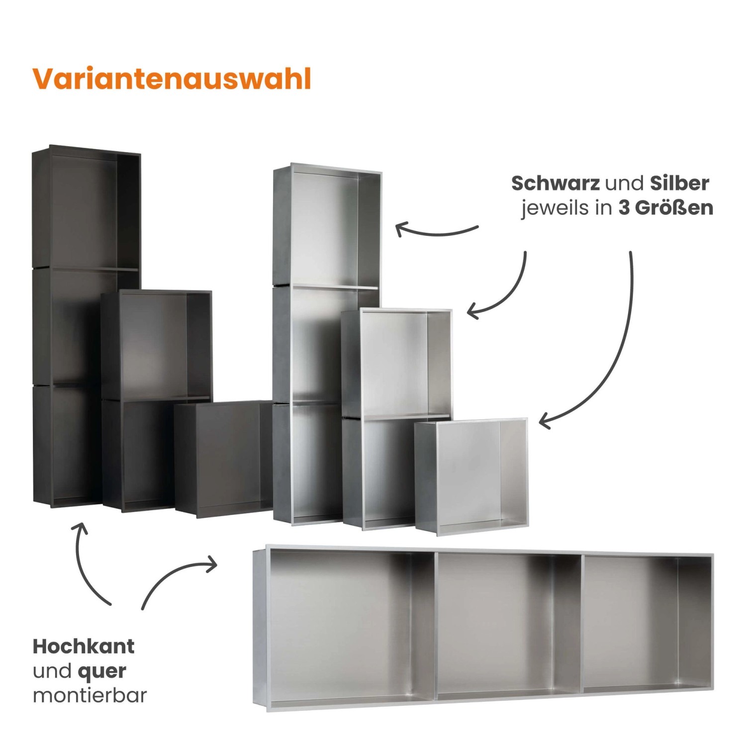 Dalsys Wandnischen in Silber und Schwarz, verschiedene Größen und Montagearten.