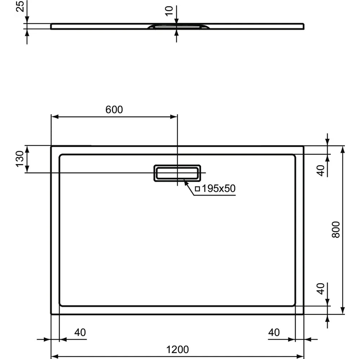 Technische Zeichnung: Ideal Standard Duschwanne Extraflach, rechteckig, 120x80 cm, schwarz, mit Maßangaben.