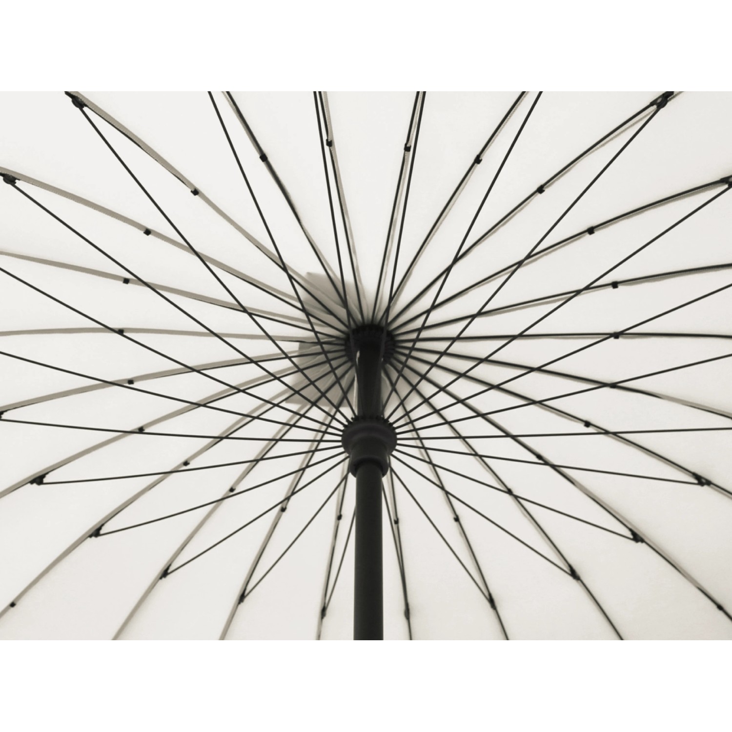 Detailaufnahme: Weißer Marktschirm Limon Ø 270 cm mit Kurbel, Blick von unten auf Streben und Mast.
