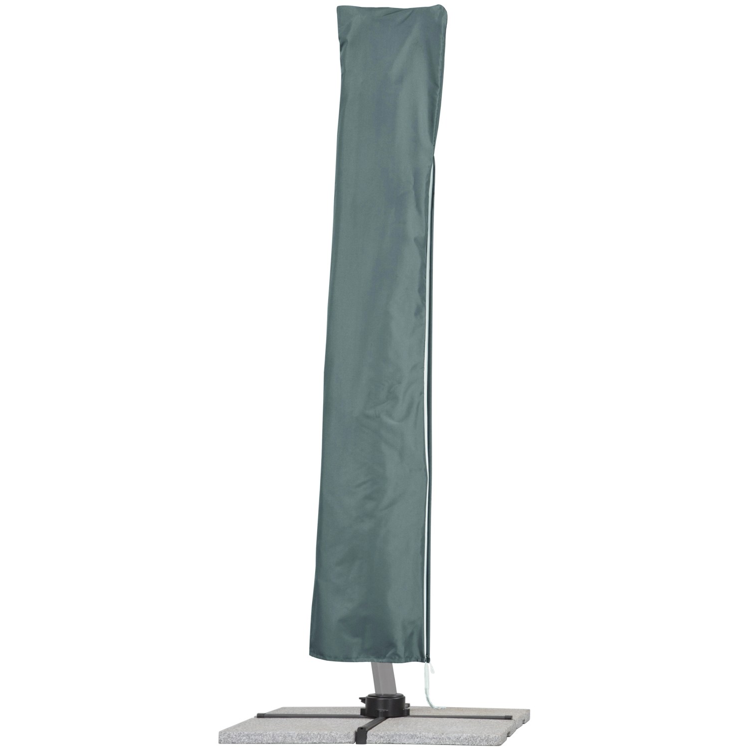 Schneider Ampelschirm Rhodos, sandfarben, mit Schutzhülle auf Schirmständer.