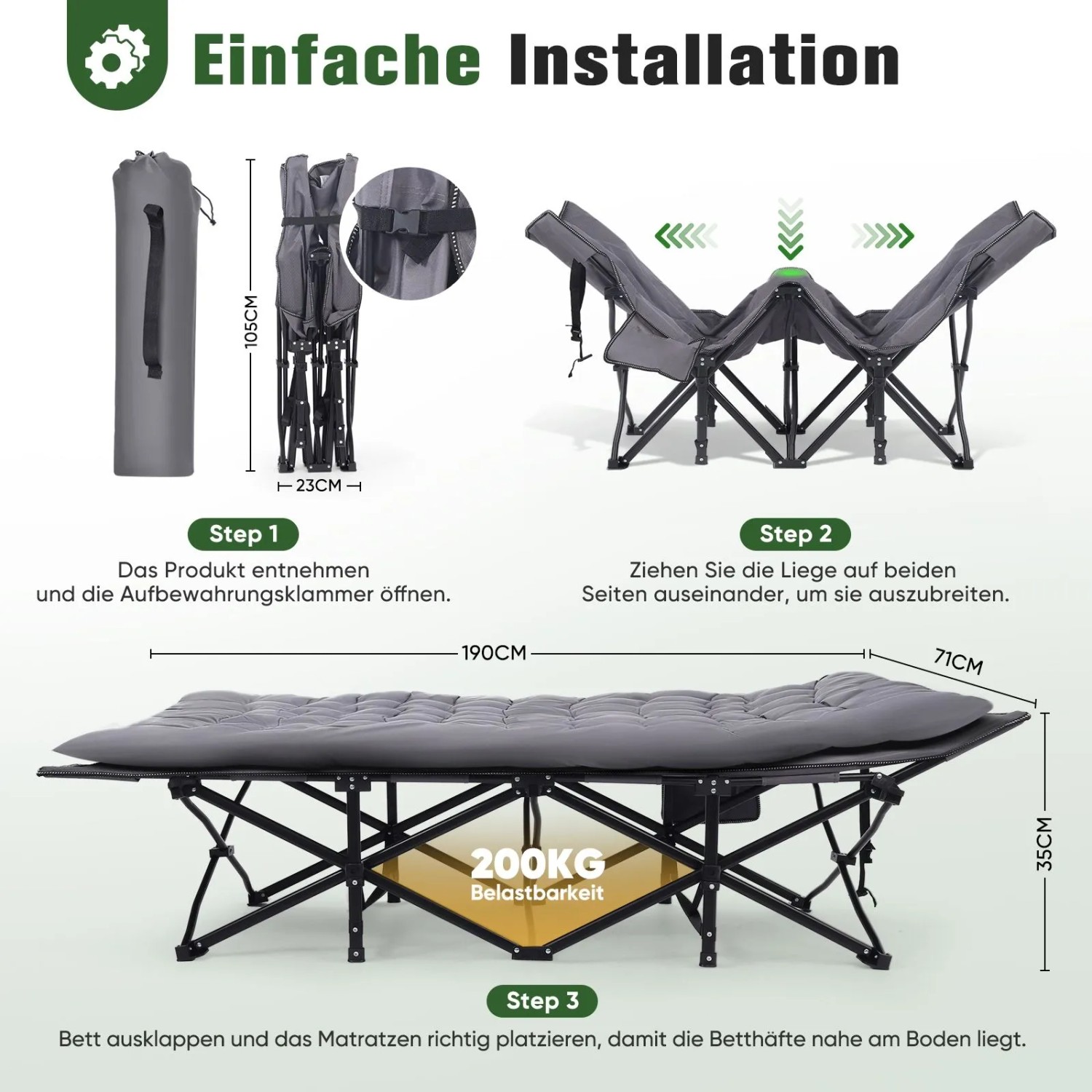 Sekey Campingbett, klappbar, grau, mit Matratze, 190x71x35 cm, einfache Installation in 3 Schritten.
