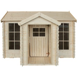 Timbela Kinderspielhaus M520 aus Holz mit Boden, Villa-Design und Fenstern.