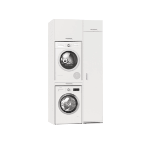 Weißer Waschturm Slimline 3.3 mit Waschmaschine, Trockner und Schrankelementen.
