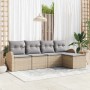 Beiges 5-teiliges Garten-Sofa-Set aus Poly Rattan mit grauen Kissen.