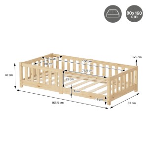 Helles Naturholz Kinderbett 80x160 cm mit Rausfallschutz. Stabiler Holzrahmen, Lattenrost. Maße des Bettes dargestellt.