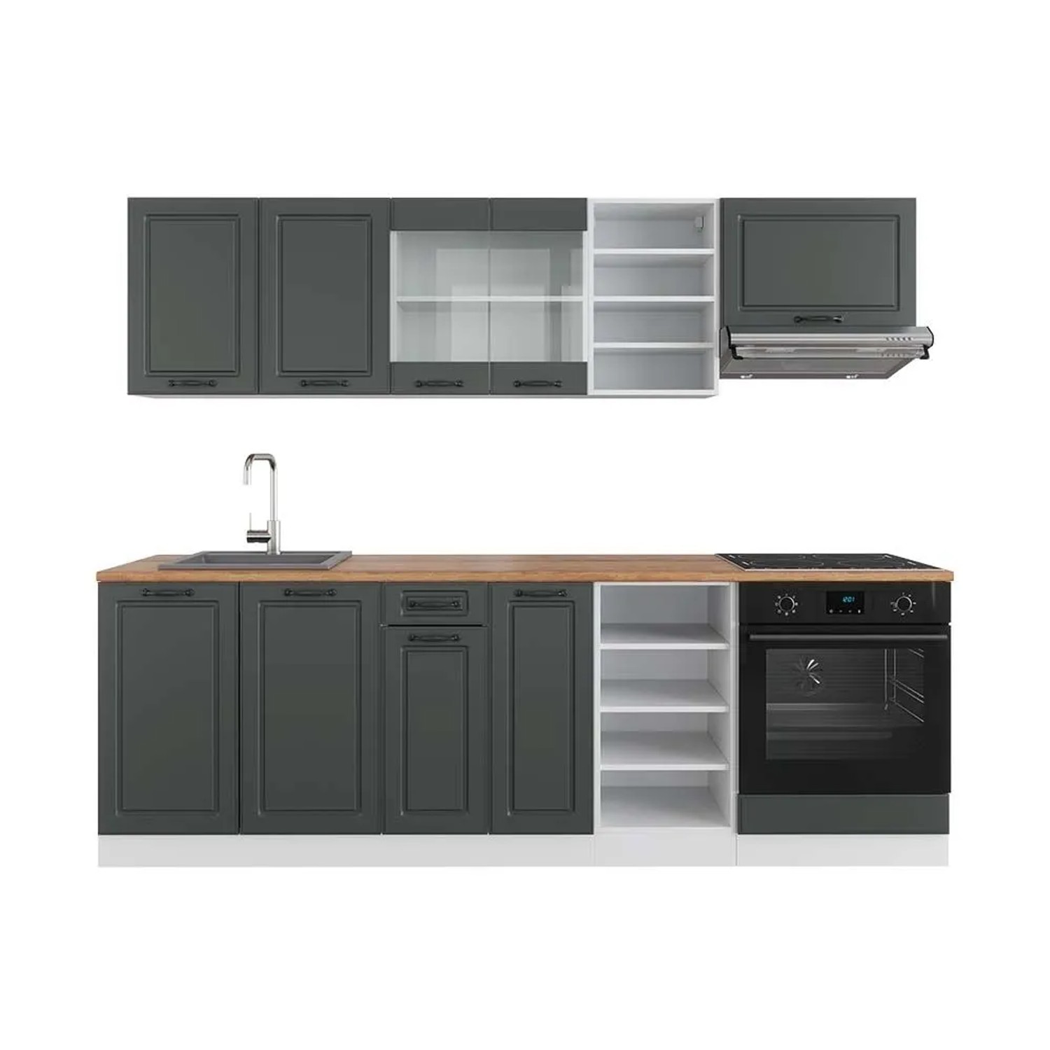 Vicco R-Line Küchenzeile Anthrazit Landhaus Weiß 240 cm AP Eiche ohne E-Geräte