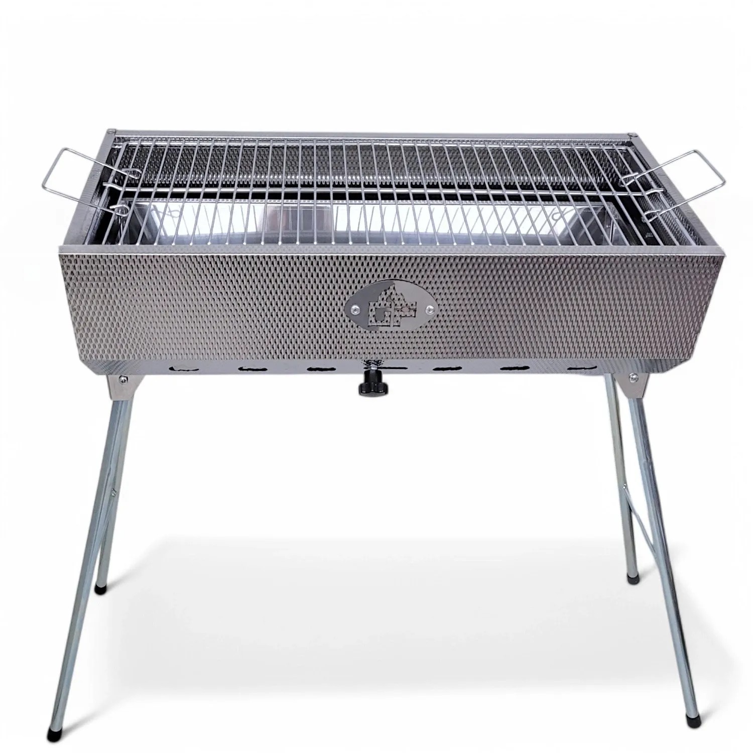 Grillpeter Mangal Set Taschkent Holzkohlegrill aus Edelstahl mit Grillrost, klappbaren Beinen und Drehspieß.
