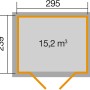 Grundriss Weka Gartenhaus 264 mit Pultdach, Maße 295x239 cm, Volumen 15,2 m³.