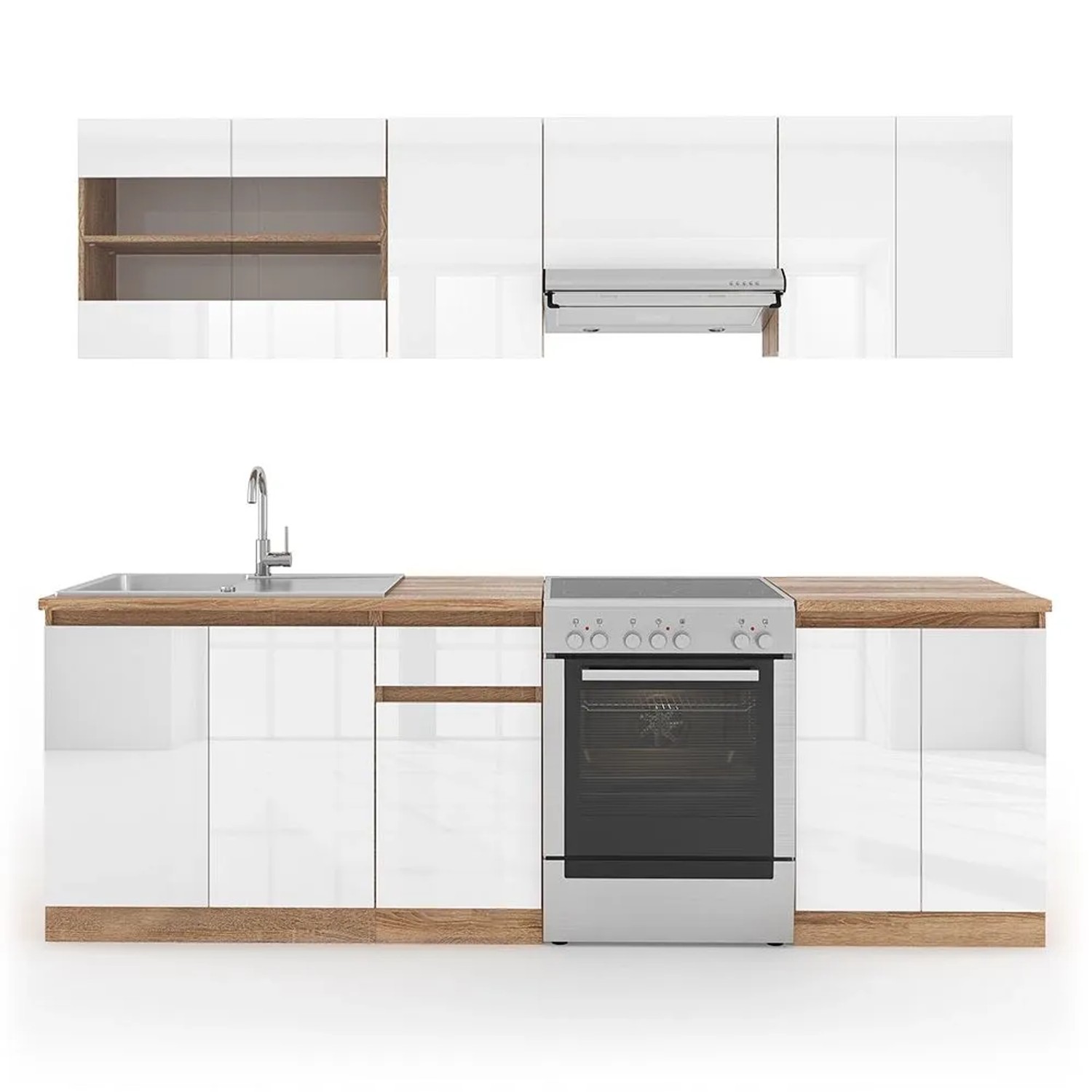 Vicco Küchenzeile R-Line Weiß Hochglanz/Weiß 240 x 82, AP Sonoma