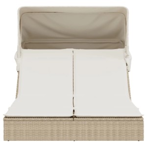 Beige Doppel-Sonnenliege mit Dach und Auflagen aus Poly Rattan.