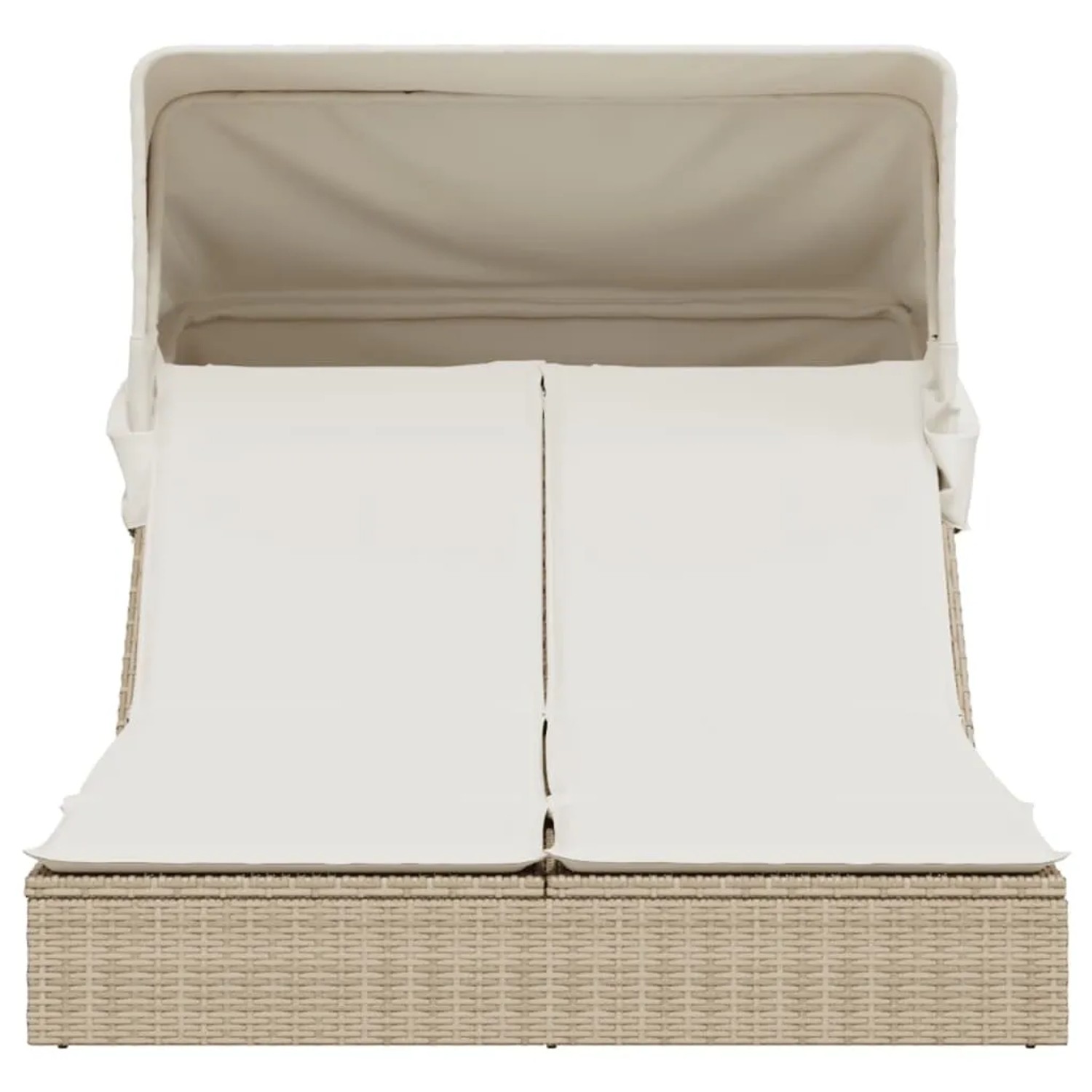 Beige Doppel-Sonnenliege mit Dach und Auflagen aus Poly Rattan.