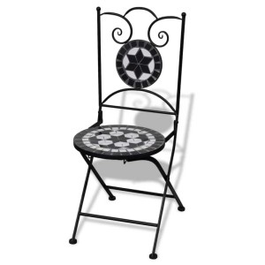 Klappbarer Bistrostuhl im Mosaik-Design, schwarz und weiß. Ideal für Garten und Balkon.