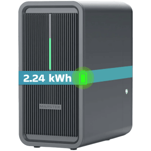 Dunkelgrauer MARSTEK Saturn B2500-D Solarspeicher 2,24 kWh LiFePO4 Akku mit vertikalen Gittern und grüner Anzeige.