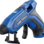 Blaue LUX Akku-Heißklebepistole AHKP-3,6/1,7 mit Ständer und ergonomischem Griff.