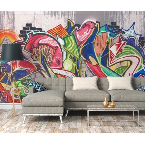 Fototapete Graffiti bunt: Vliestapete mit Graffiti-Motiv in Grau, Grün, Rot, Orange und Blau, 3,50x2,55 m.
