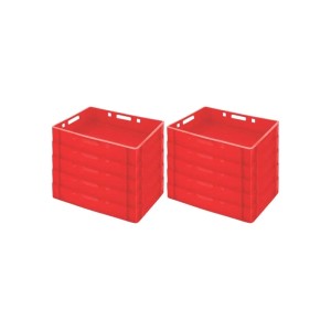 Zwei rote Eurobehälter/Fleischerkisten (25L) aus Kunststoff, stapelbar, für Lagerung und Transport.