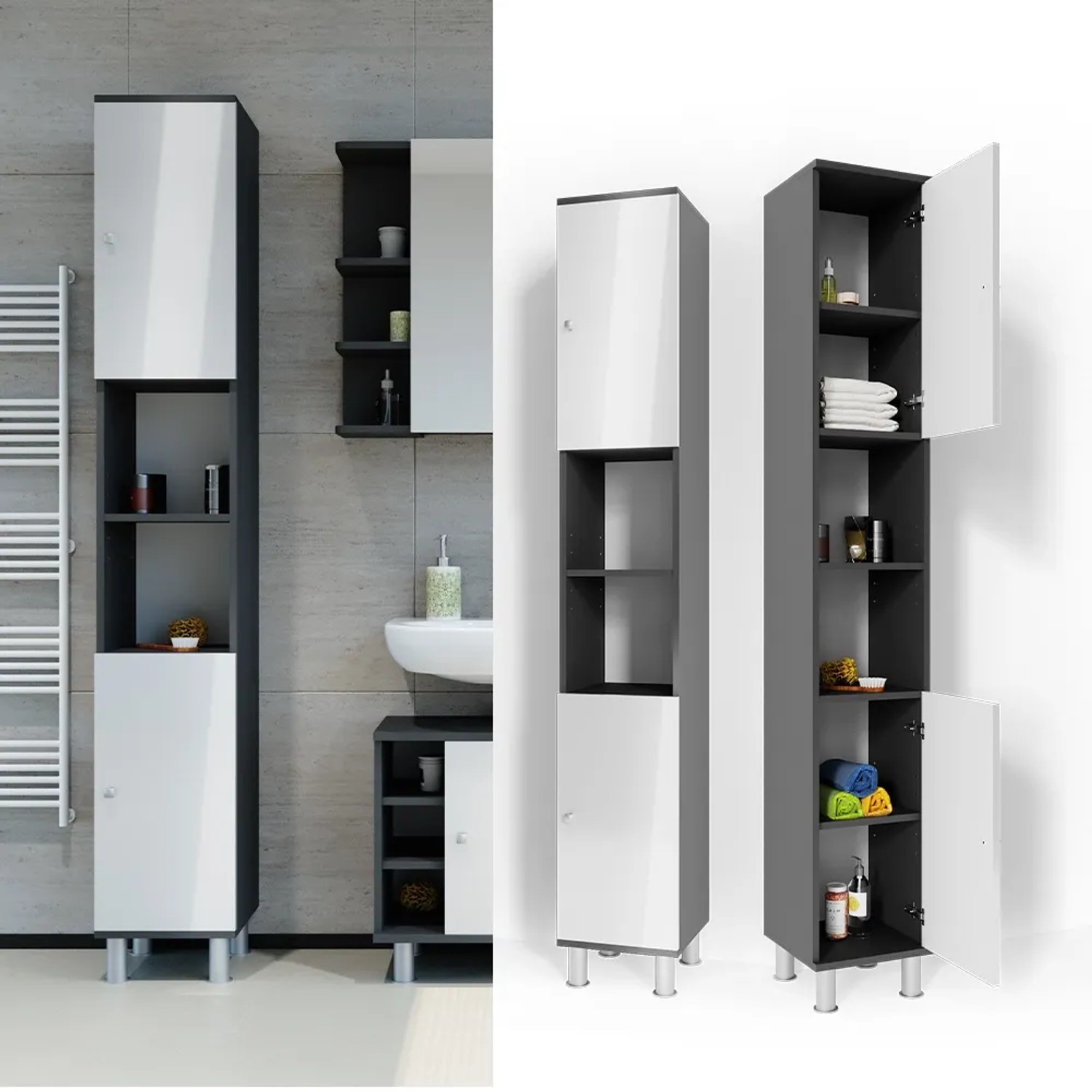 Vicco Badschrank Fynn, anthrazit/weiß hochglanz, 30x190 cm, mit offenen Fächern und Türen.