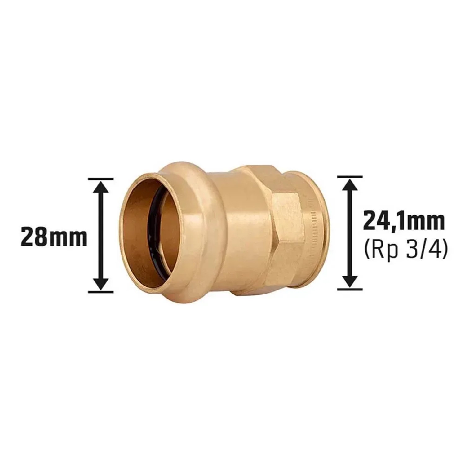 Press-Übergangsmuffe aus Rotguss, 28 mm x 24,1 mm (Rp 3/4) für Kupferrohre.