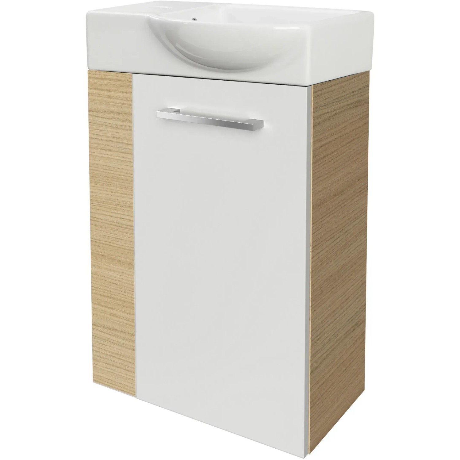 Fackelmann Waschbeckenunterschrank SBC Sandeiche, 44 cm breit, mit weißer Front und Griff.