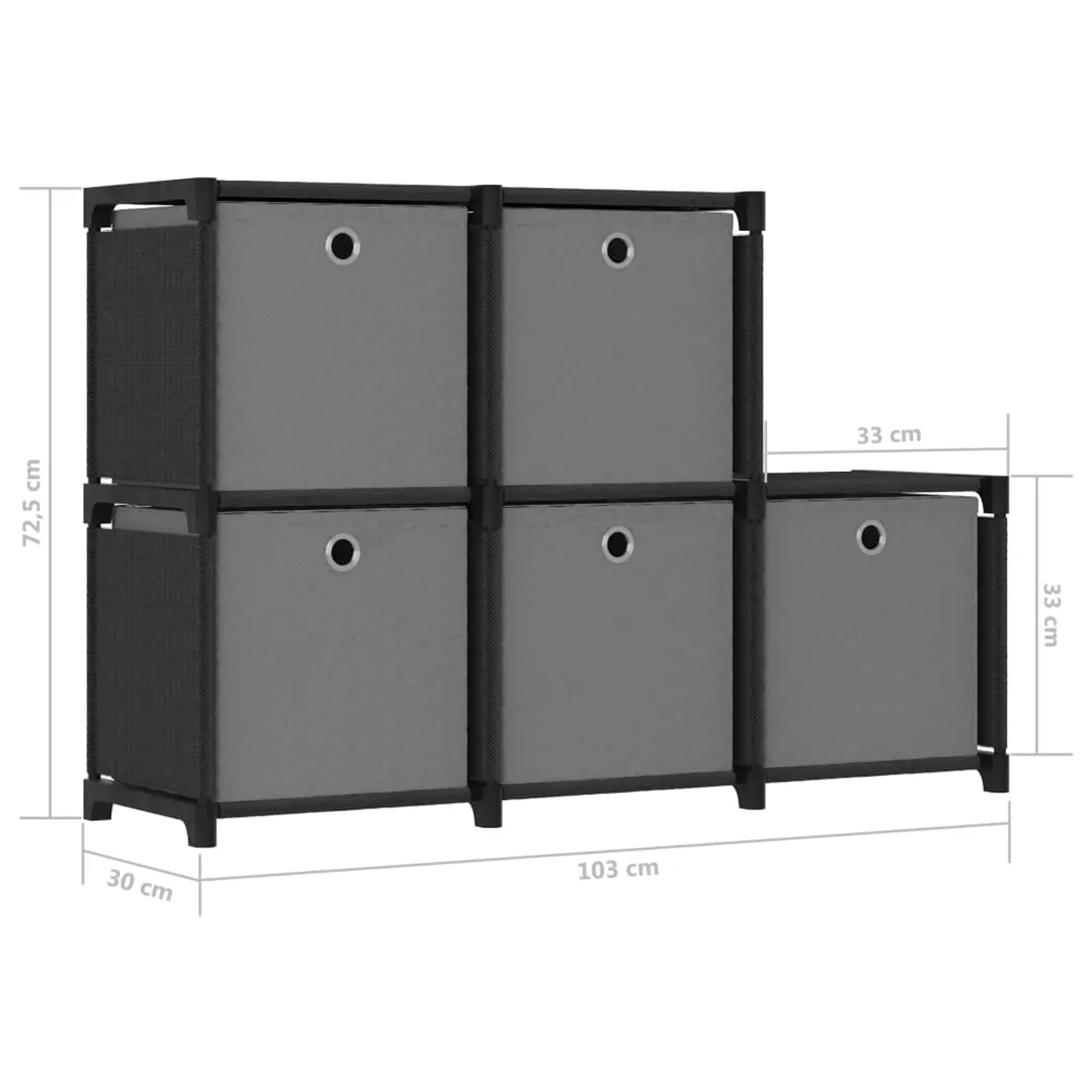 Schwarzes Würfel-Regal mit 5 Fächern und Stoffboxen, VidaXL, ideal als Wandregal.