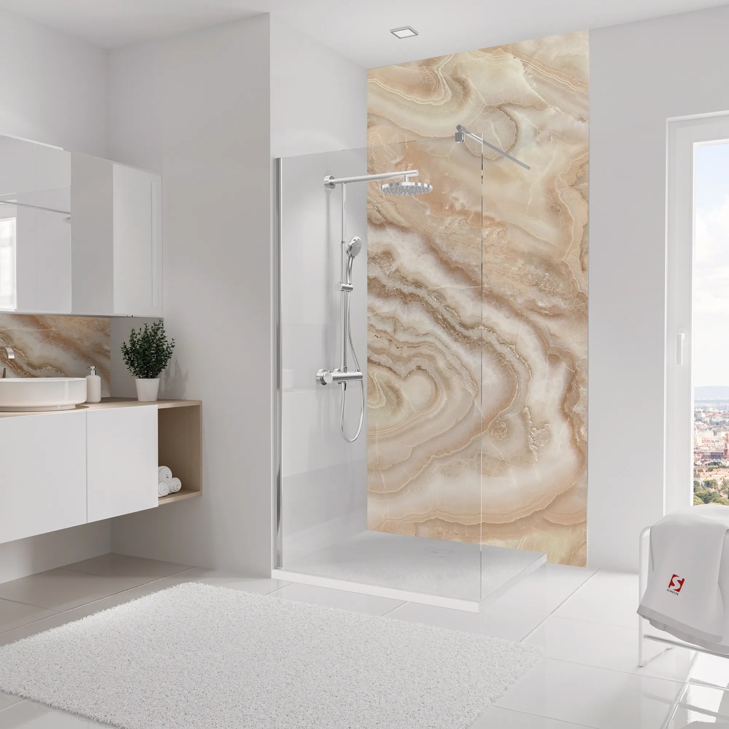 Schulte Duschrückwand DecoDesign Softtouch Marmor-Creme, 255x125 cm im Badezimmer.
