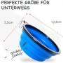 Blauer, faltbarer Reisenapf für Hunde mit Karabiner und Größenangaben.