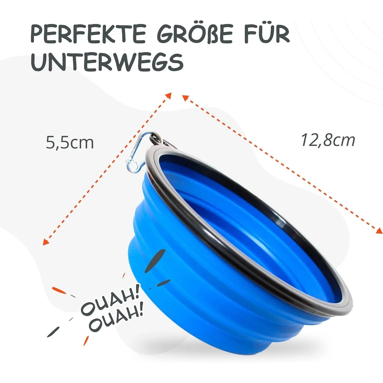 Blauer, faltbarer Reisenapf für Hunde mit Karabiner und Größenangaben.