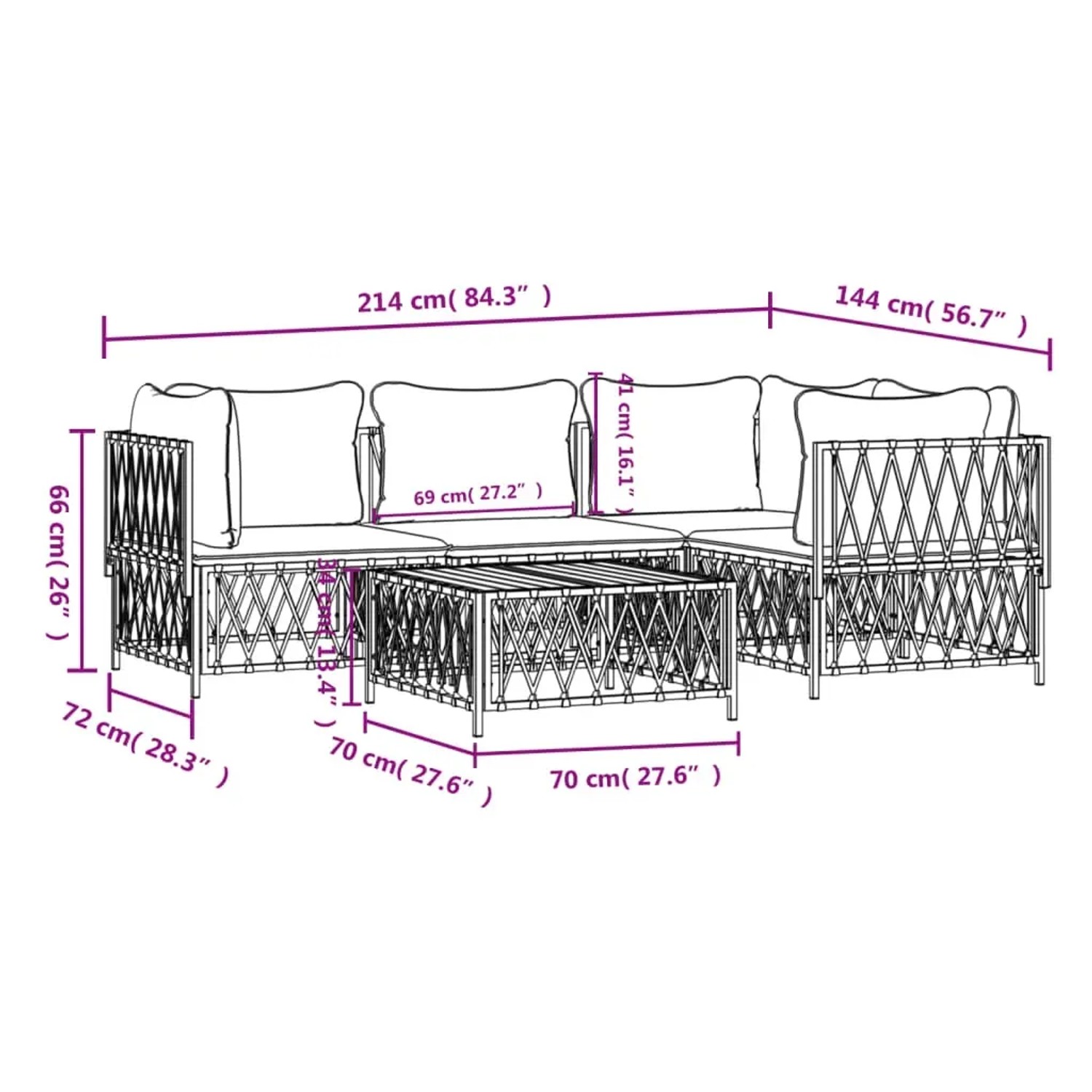 vidaXL Garten Lounge Set, 5-teilig, weiß, Stahl. Gartenmöbel mit Ecksofa, Tisch und Kissen. Abmessungen sind auf dem Bild dargestellt.