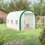Weißes Furnicato Tunnel-Gewächshaus (358x210x210cm) mit Reißverschlusstüren im Garten.