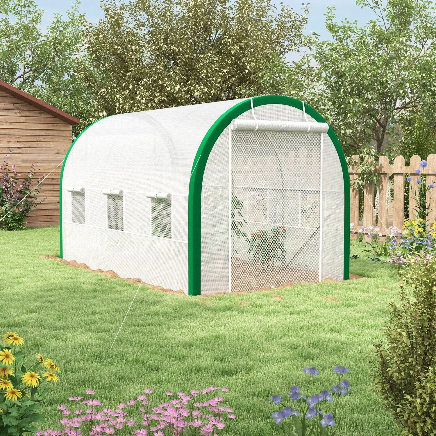Weißes Furnicato Tunnel-Gewächshaus (358x210x210cm) mit Reißverschlusstüren im Garten.