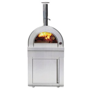 MyOutdoorKitchen Pizzaofen Naples aus Edelstahl mit Holzfeuerung und Schrankfach.