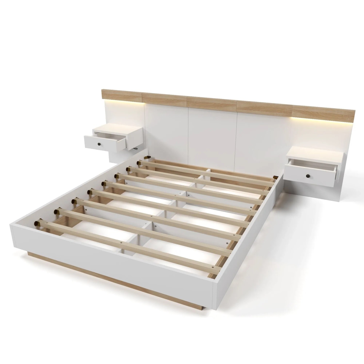 Okwish Doppelbett 160×200 Mit 2 Led Nachtkommoden Und Usb-C Steckdose Ohne Matratze