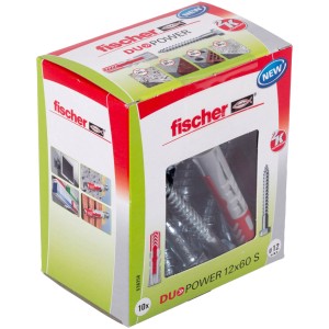 Verpackung Fischer Dübel DuoPower 12x60 mm mit Schrauben, geeignet für verschiedene Baustoffe.
