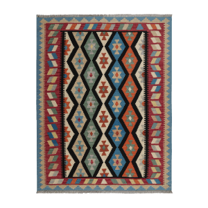 Handgewebter Looma Kelim Gashgai Teppich, 200x157 cm. Buntes Rautenmuster in Schwarz, Blau, Rot, Orange, Grün.