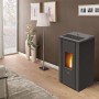 PEGASO Pelletofen Vera Stahl Anthrazit 7 kW im Wohnraum mit brennendem Feuer.