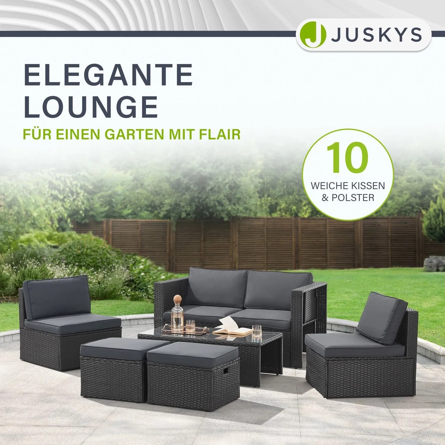 Juskys Polyrattan Lounge Salou, schwarz/grau, Gartenmöbel-Set mit Sofa, Sesseln, Hockern und Tisch.