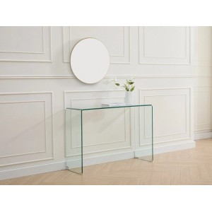 Transparenter Konsolentisch aus gebogenem Glas, 110 cm, im modernen Wohnzimmer mit Spiegel und Deko.