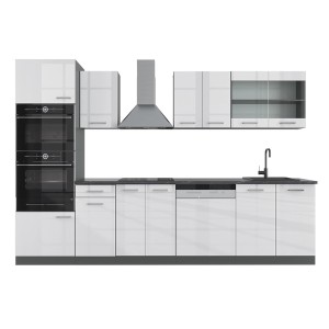 Vicco R-Line Küchenzeile, 300 cm, Weiß Hochglanz/Anthrazit mit Hochschrank und Dunstabzugshaube.