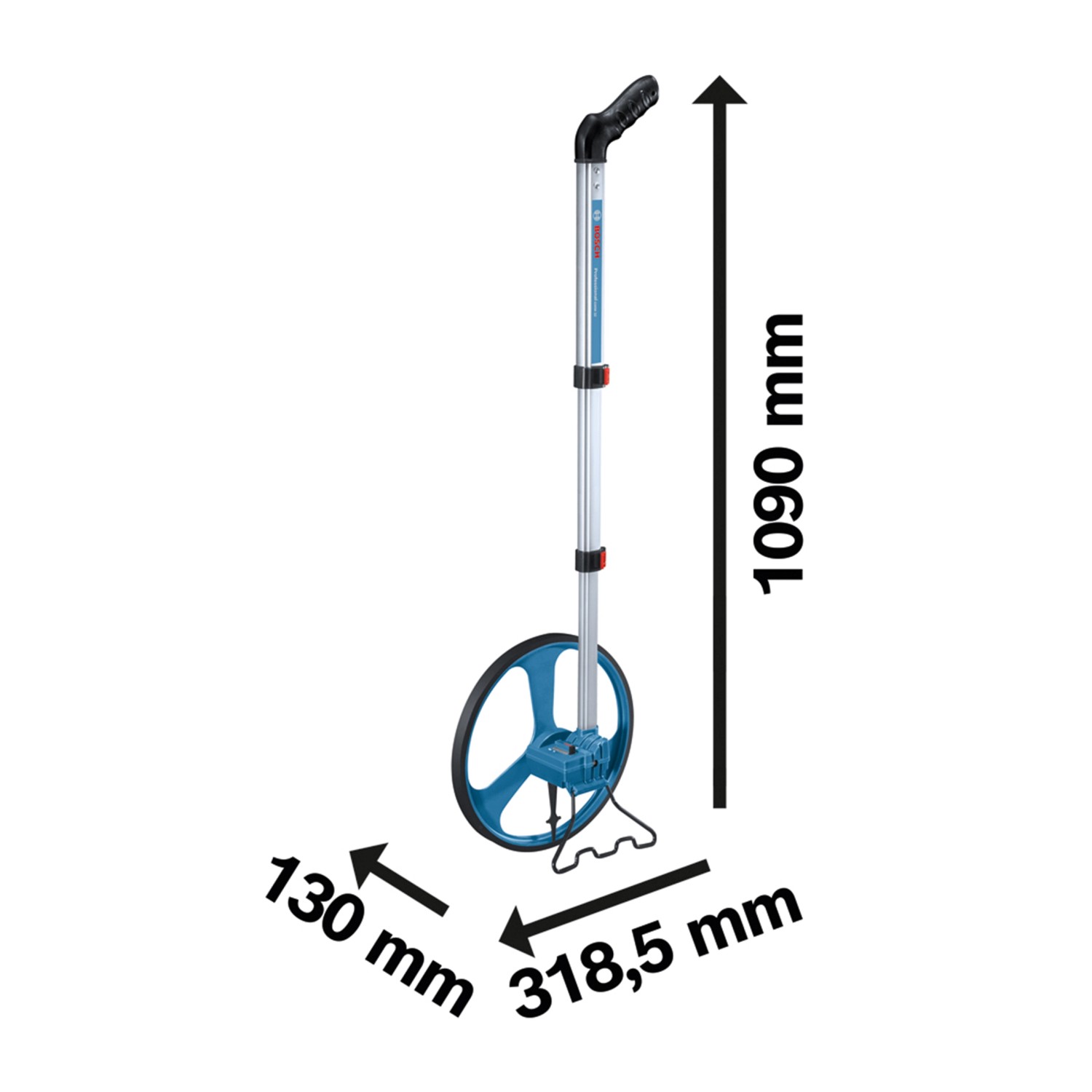 Bosch Professional Messrad GWM 32 mit Teleskopstiel und blauem Rad. Prüfwerkzeug mit 1 m Umfang.