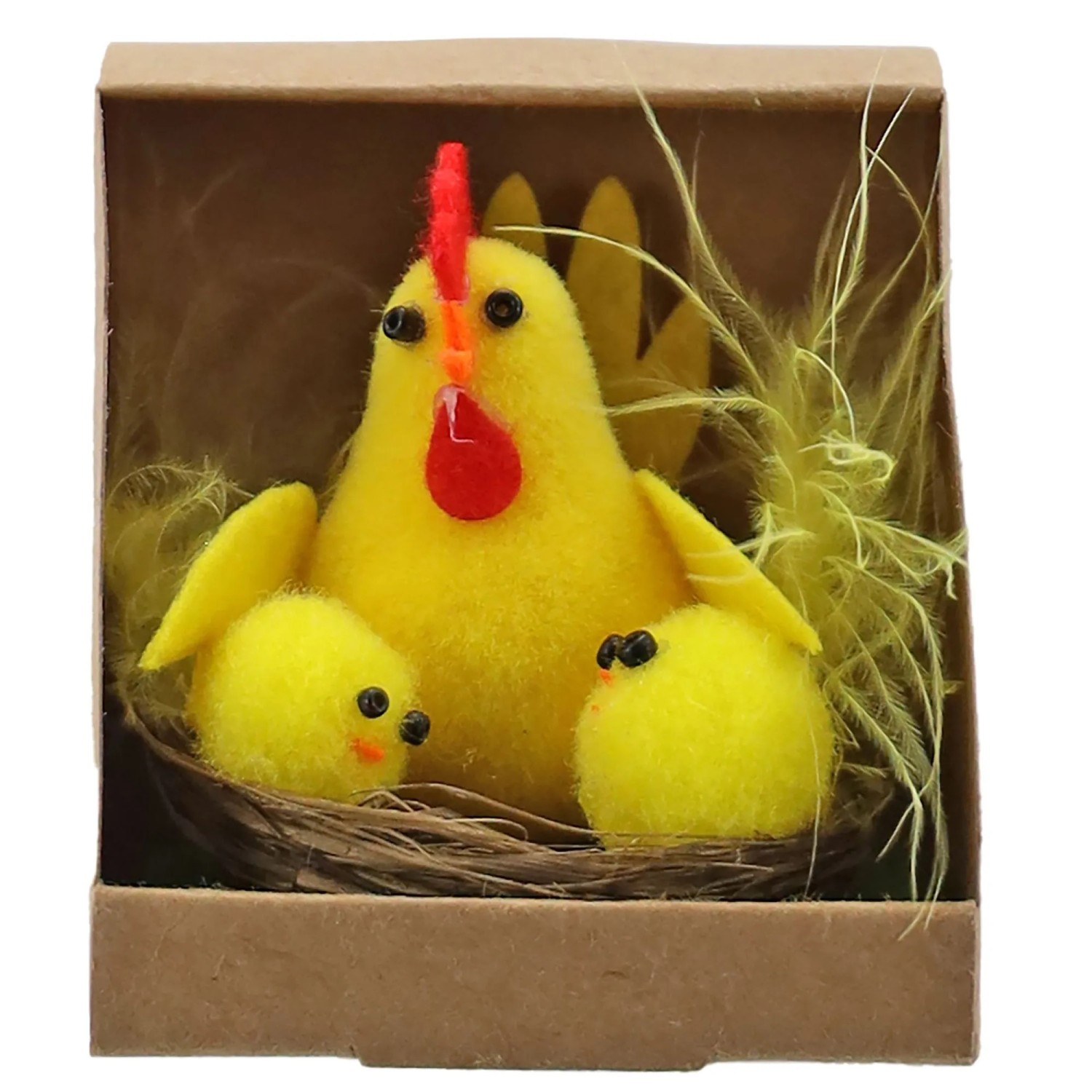 Osterdeko: Gelbe Deko-Box mit Huhn und zwei Küken (6 cm) aus Kunststoff.