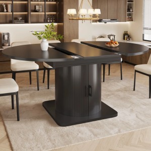 Schwarzer ausziehbarer Merax Esstisch aus MDF mit Stauraum im Sockel, modernem Design.