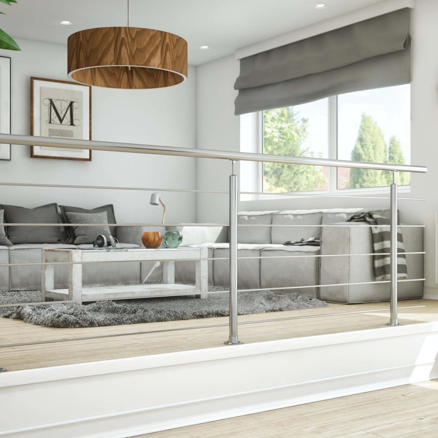 Dolle Geländerset Edelstahl 150 cm für Bodenmontage im modernen Wohnraum.