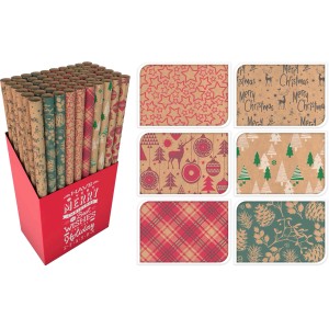 Geschenkpapier mit Weihnachtsmotiven, braun, 6-fach sortiert, verschiedene Designs.